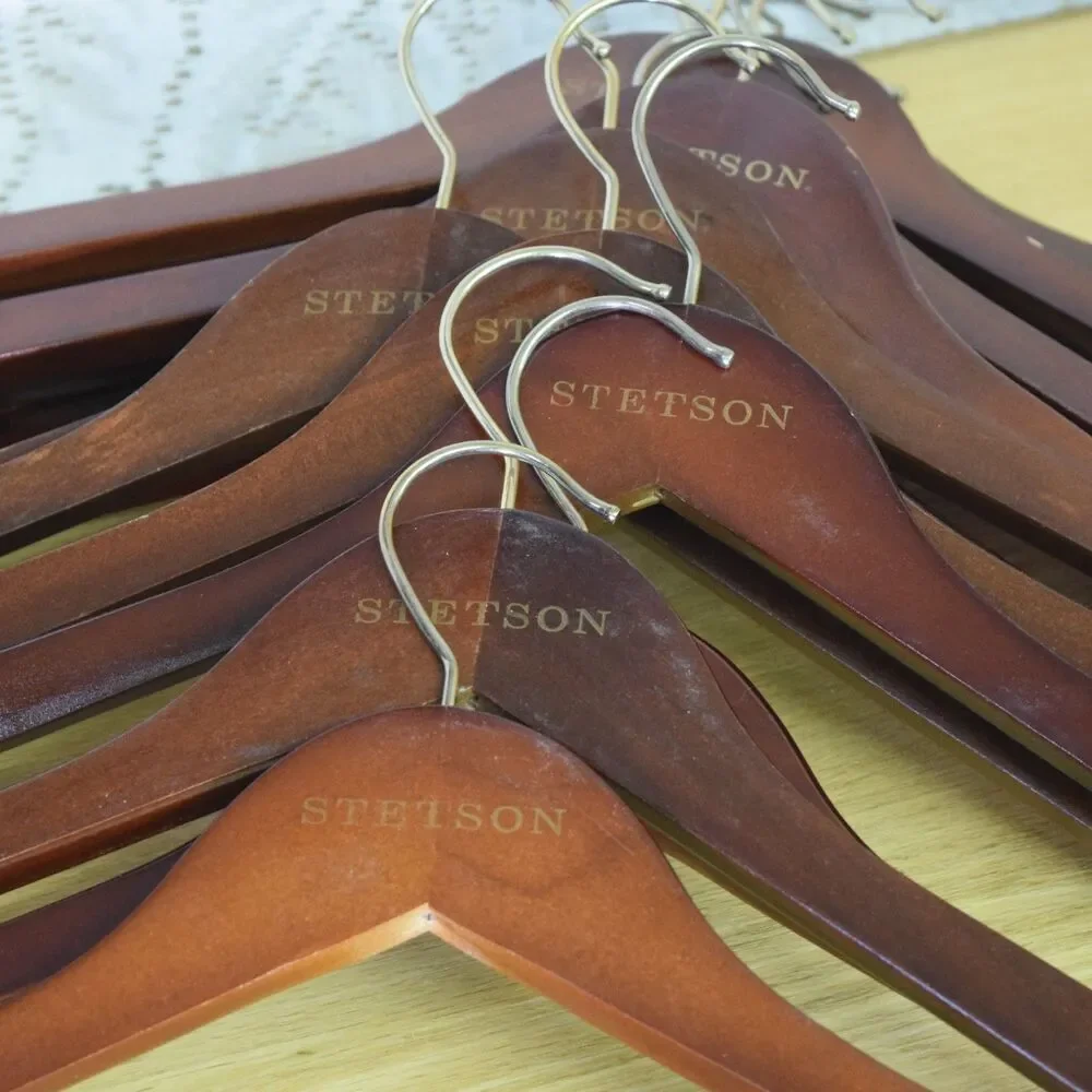 Lot of 16 Stetson Branded Wood Hangers Dark Red Notched 17.5 Inch Width Western